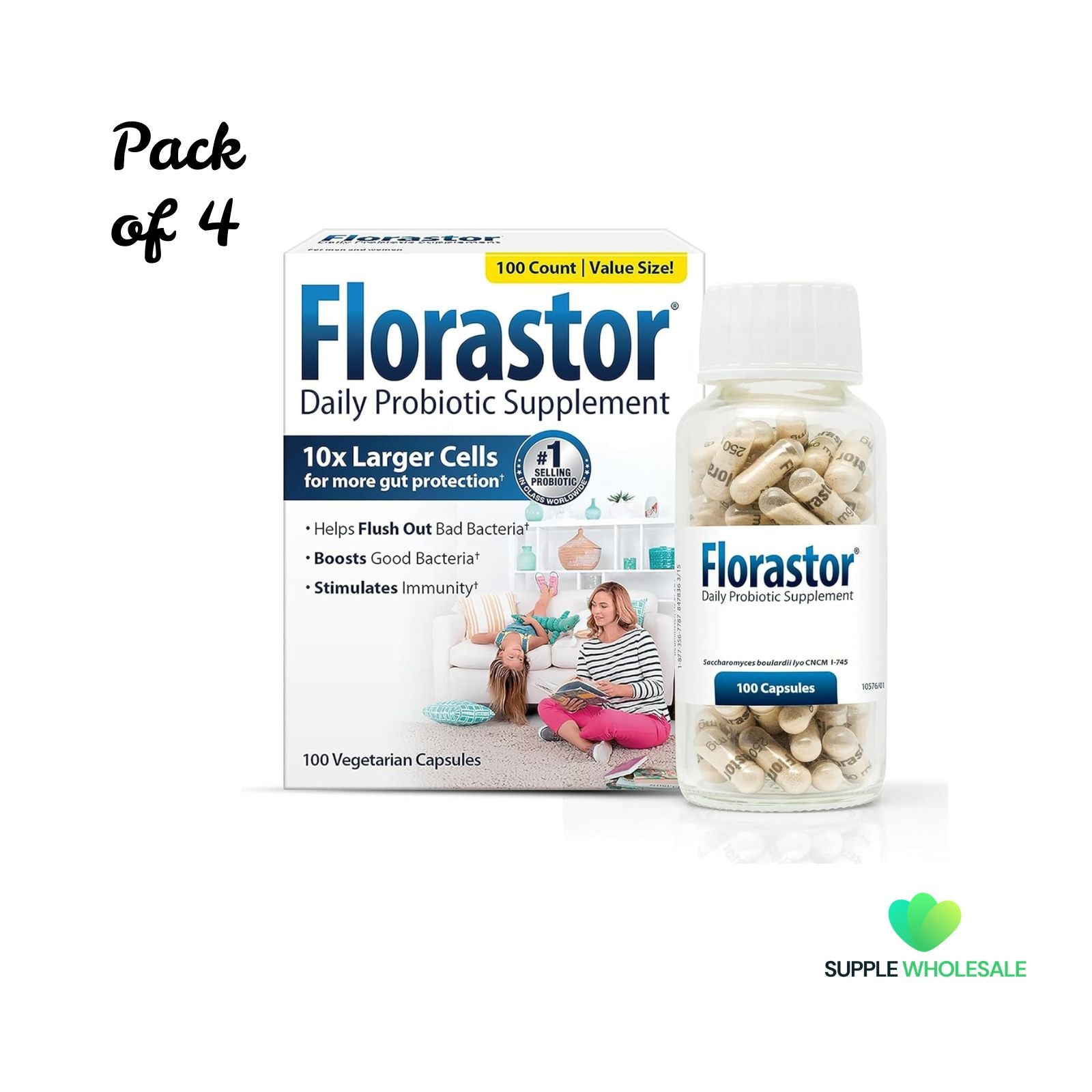 Florastor Daily Probiotic Supplement for Women & Men Saccharomyces Boulardii 100 Capsules Bundle of 4