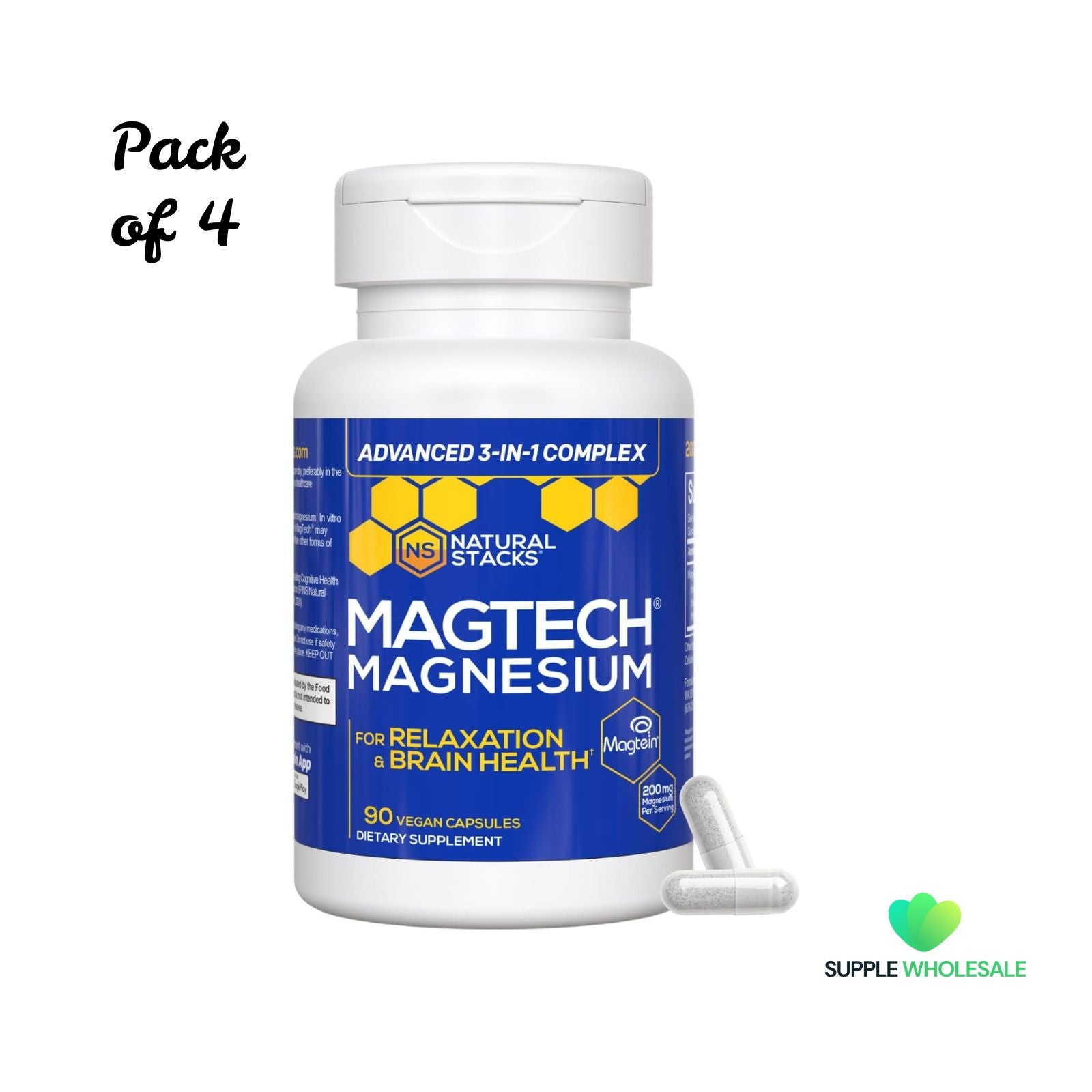 MagTech Magnesium Complex Magtein L-Threonate Glycinate Taurate 90 Capsules Bundle of 4