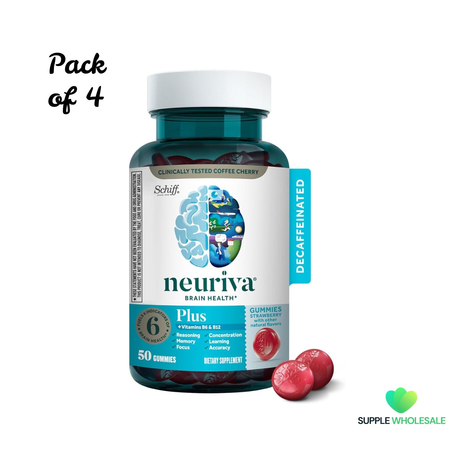 Neuriva Plus Strawberry Gummies Nootropic Brain Support Supplement for Focus, Memory & Concentration 50 Count Bundle of 4