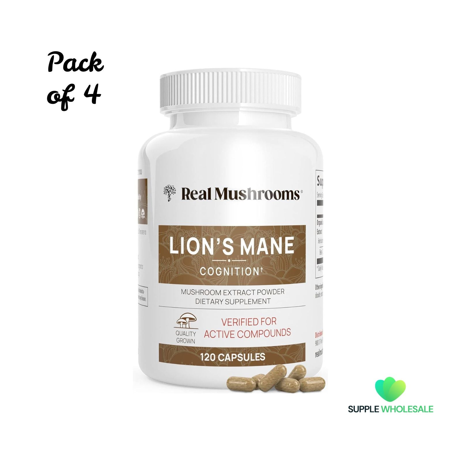 Real Mushrooms Lion’s Mane Mushroom Cognition Bundle of 4 – Organic Cognitive Focus & Memory Support Capsules – 120 Capsules Each