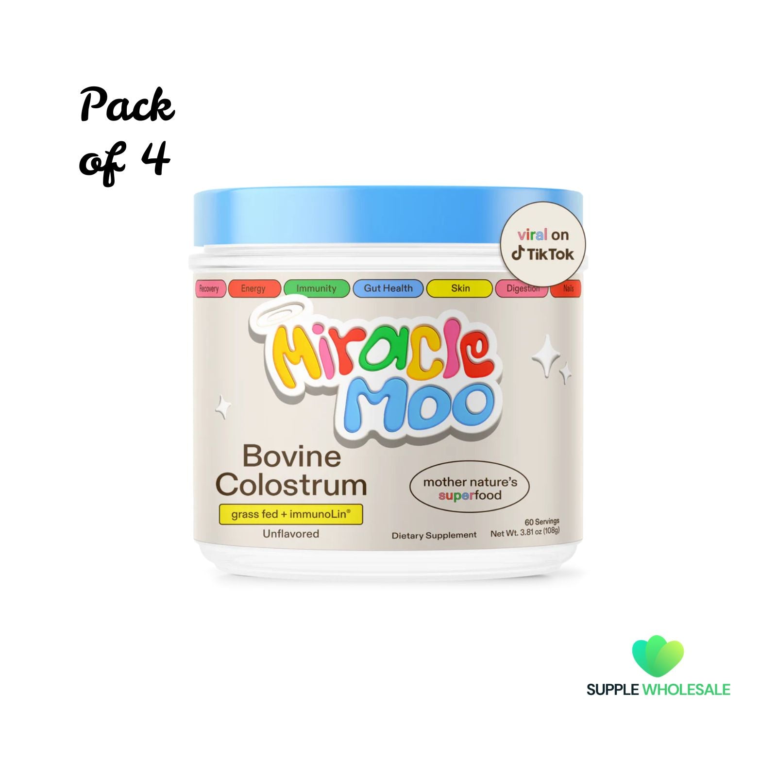 Mir-acle Moo Bovine Colostrum Powder 60 Servings 3.81 oz Bundle of 4