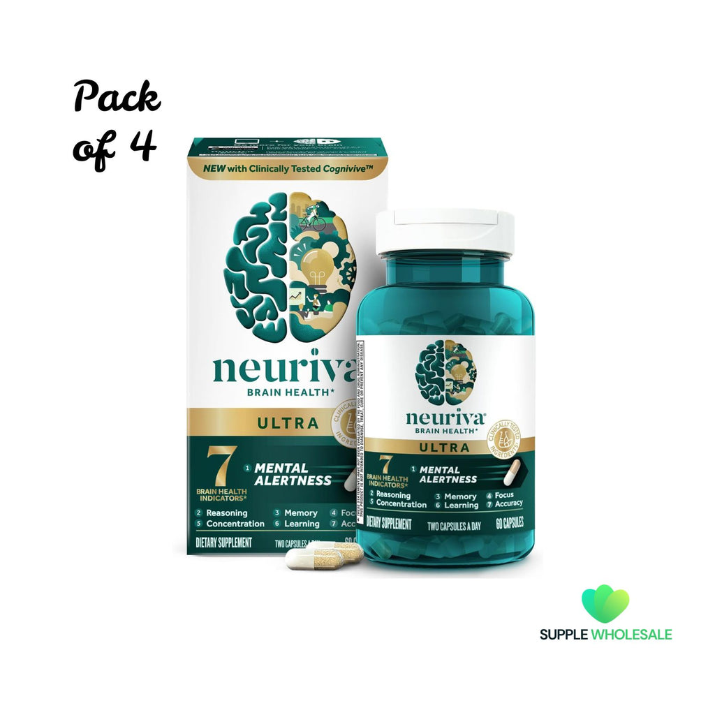 NEURIVA Ultra Decaffeinated Nootropic Brain Supplement for Mental Alertness, Memory & Focus 60 Capsules Bundle of 4