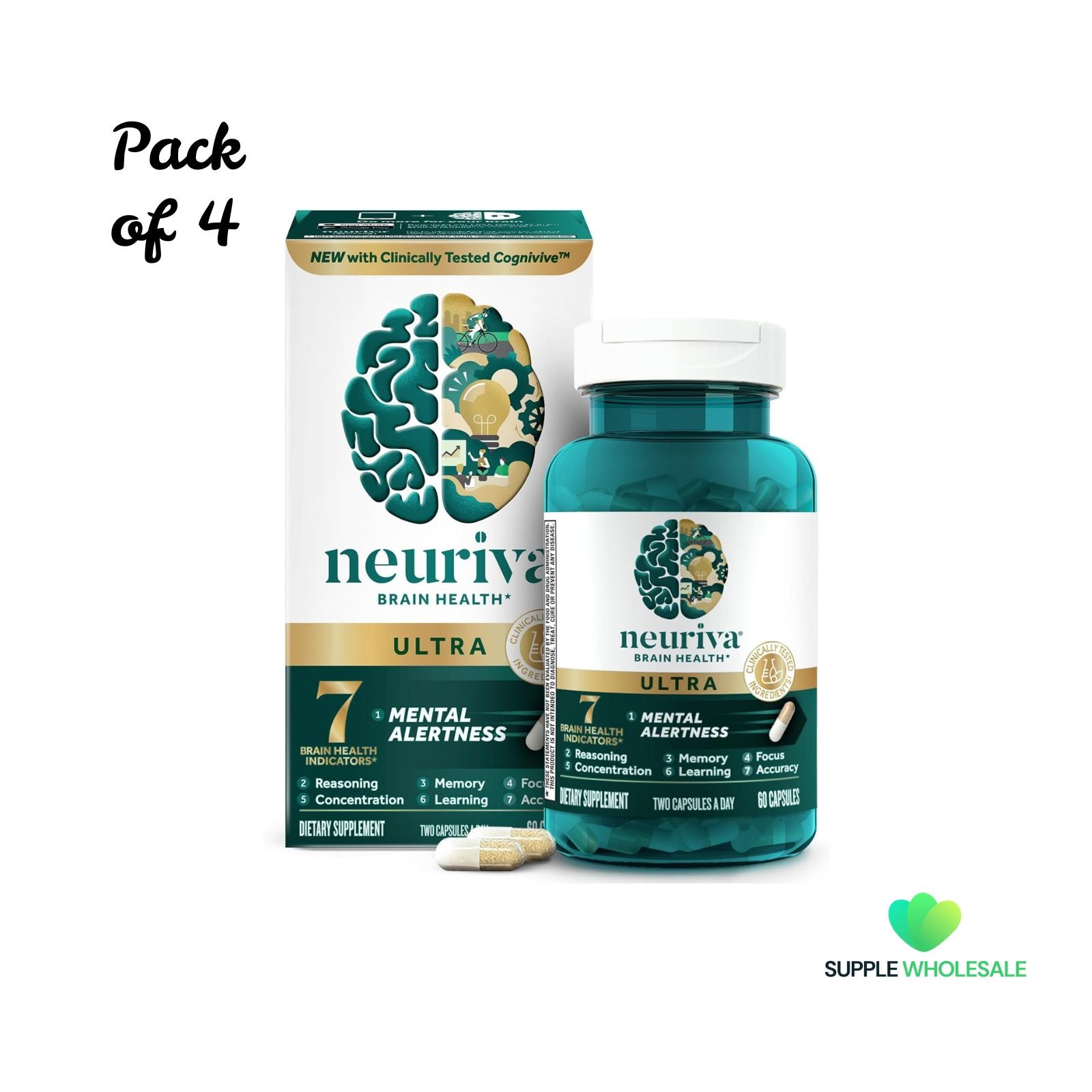 NEURIVA Ultra Decaffeinated Nootropic Brain Supplement for Mental Alertness, Memory & Focus 60 Capsules Bundle of 4