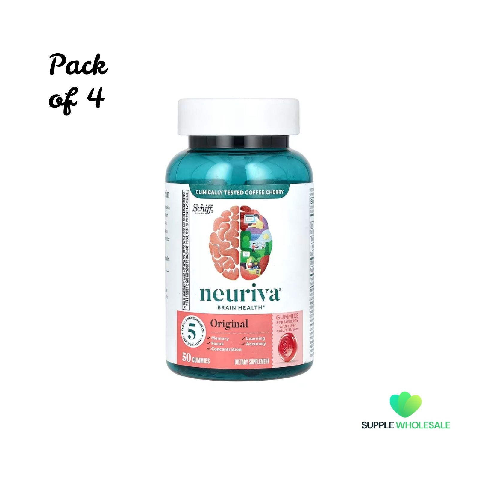 Schiff Neuriva Brain Health Gummies Original Strawberry for Focus, Memory & Concentration 50 Gummies Bundle of 4