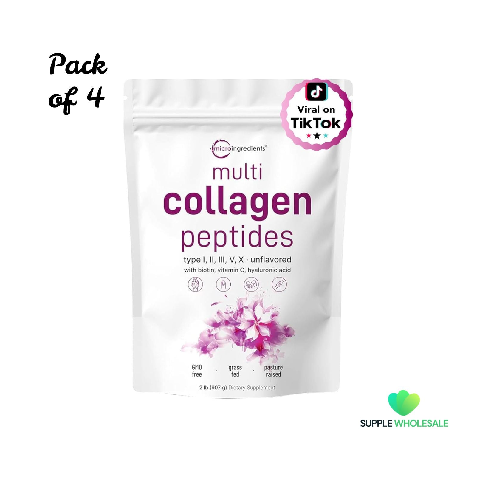 Micro Ingredients Multi Collagen Peptides Powder 32oz Bundle of 4