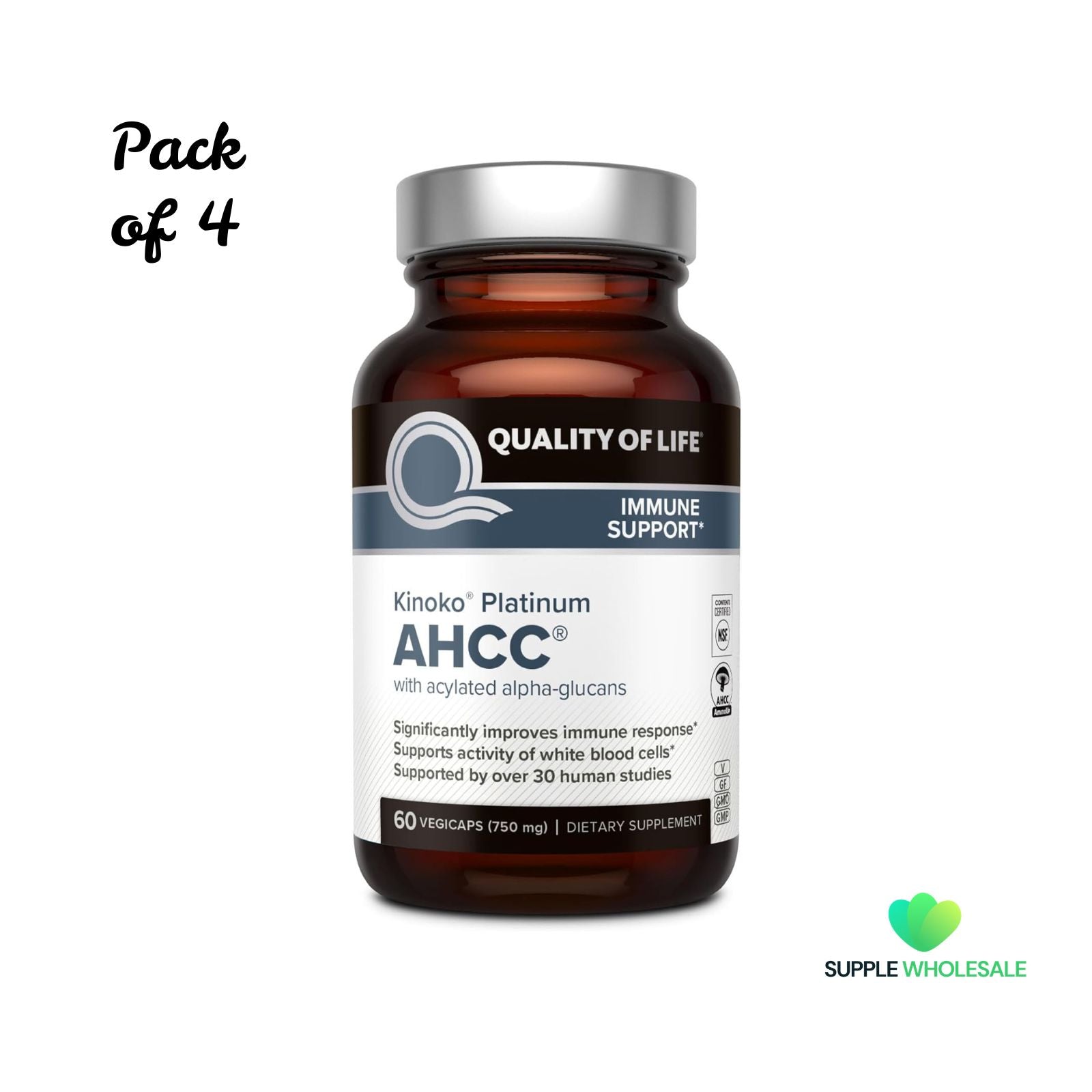 Quality of Life Premium Kinoko Platinum AHCC 750mg 60 Veggie Capsules Bundle of 4