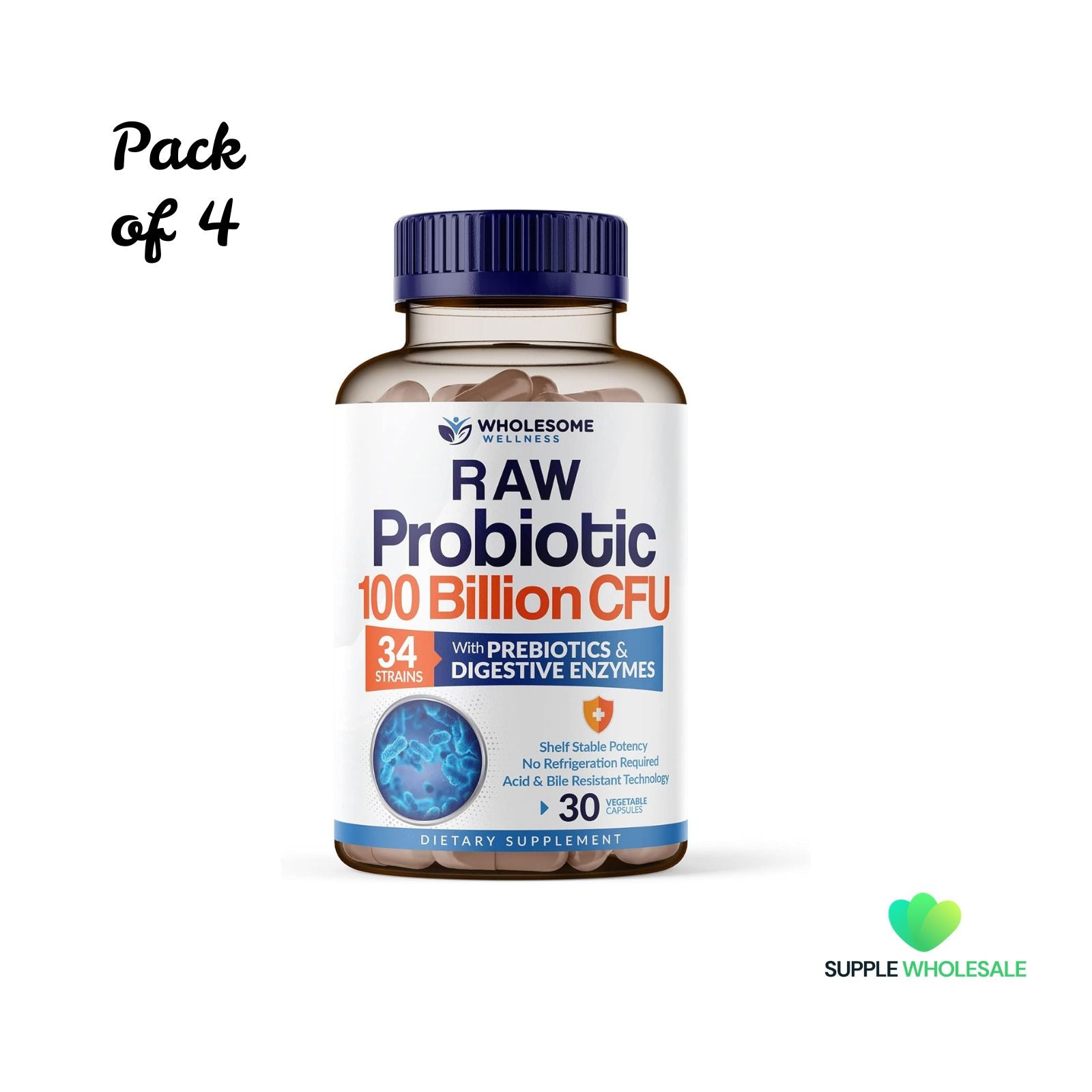 Organic Probiotics 100 Billion CFU with Prebiotics & Digestive Enzymes 30 Capsules Bundle of 4