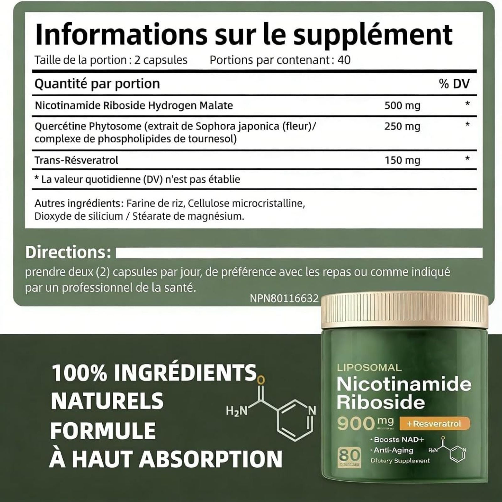 Eternal Nourish Liposomal NAD+ Supplement with Nicotinamide Riboside & Resveratrol 80 Capsules Bundle of 4