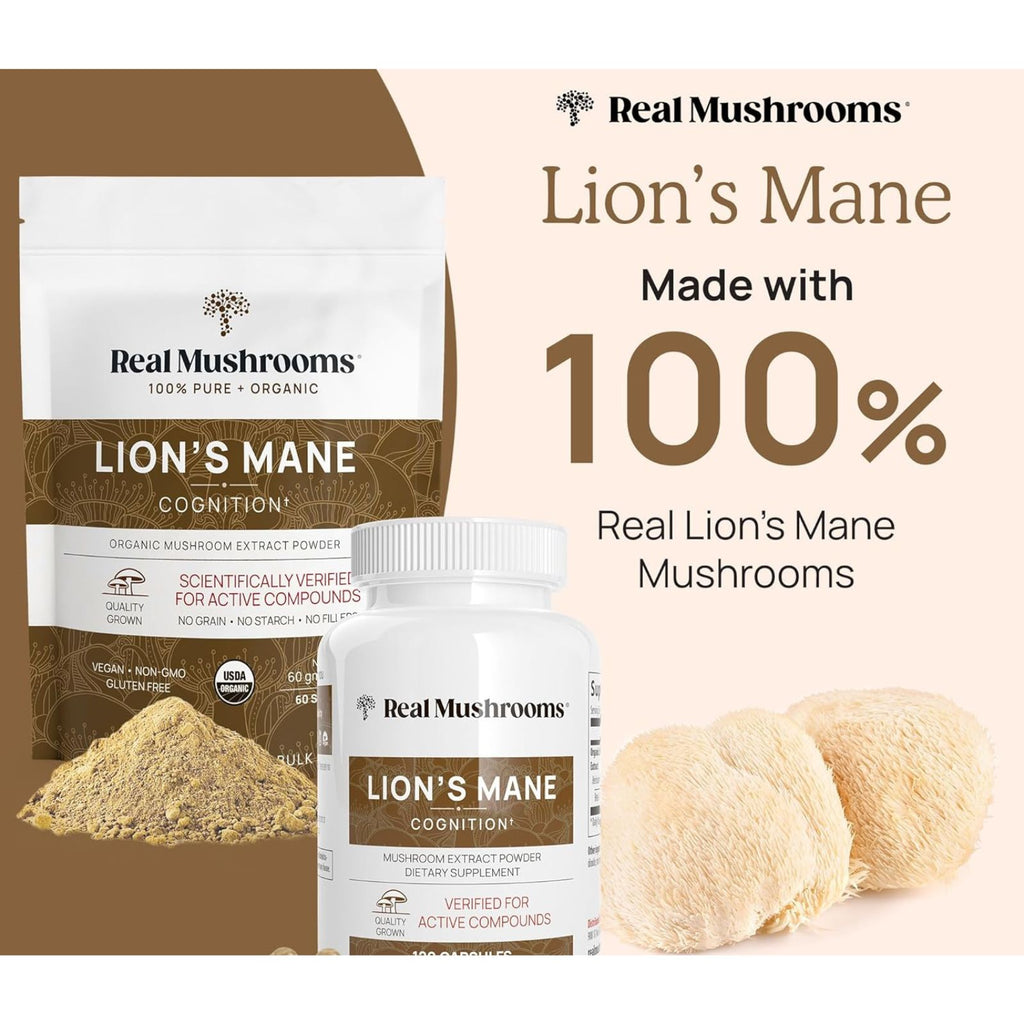 Real Mushrooms Lion’s Mane Mushroom Cognition Bundle of 4 – Organic Cognitive Focus & Memory Support Capsules – 120 Capsules Each