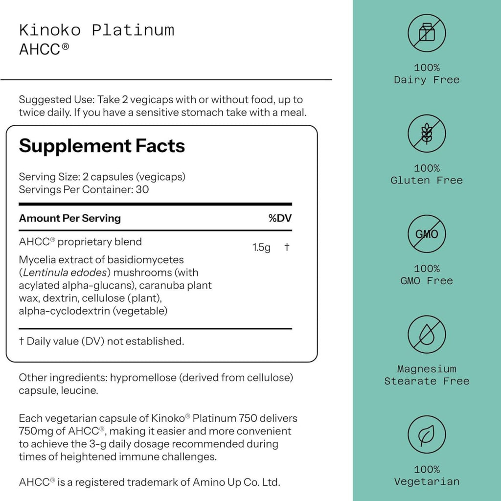 Quality of Life Premium Kinoko Platinum AHCC 750mg 60 Veggie Capsules Bundle of 4