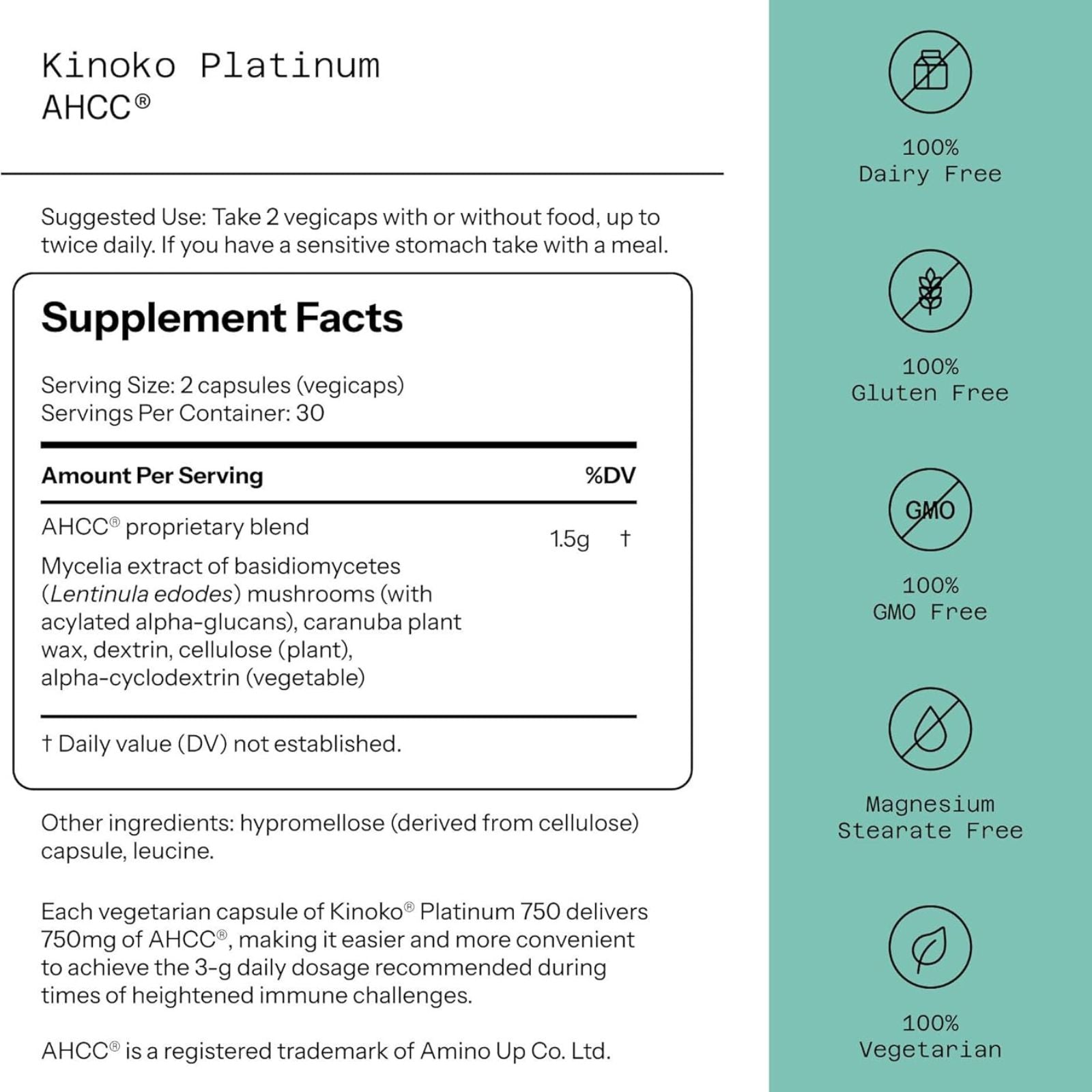 Quality of Life Premium Kinoko Platinum AHCC 750mg 60 Veggie Capsules Bundle of 4