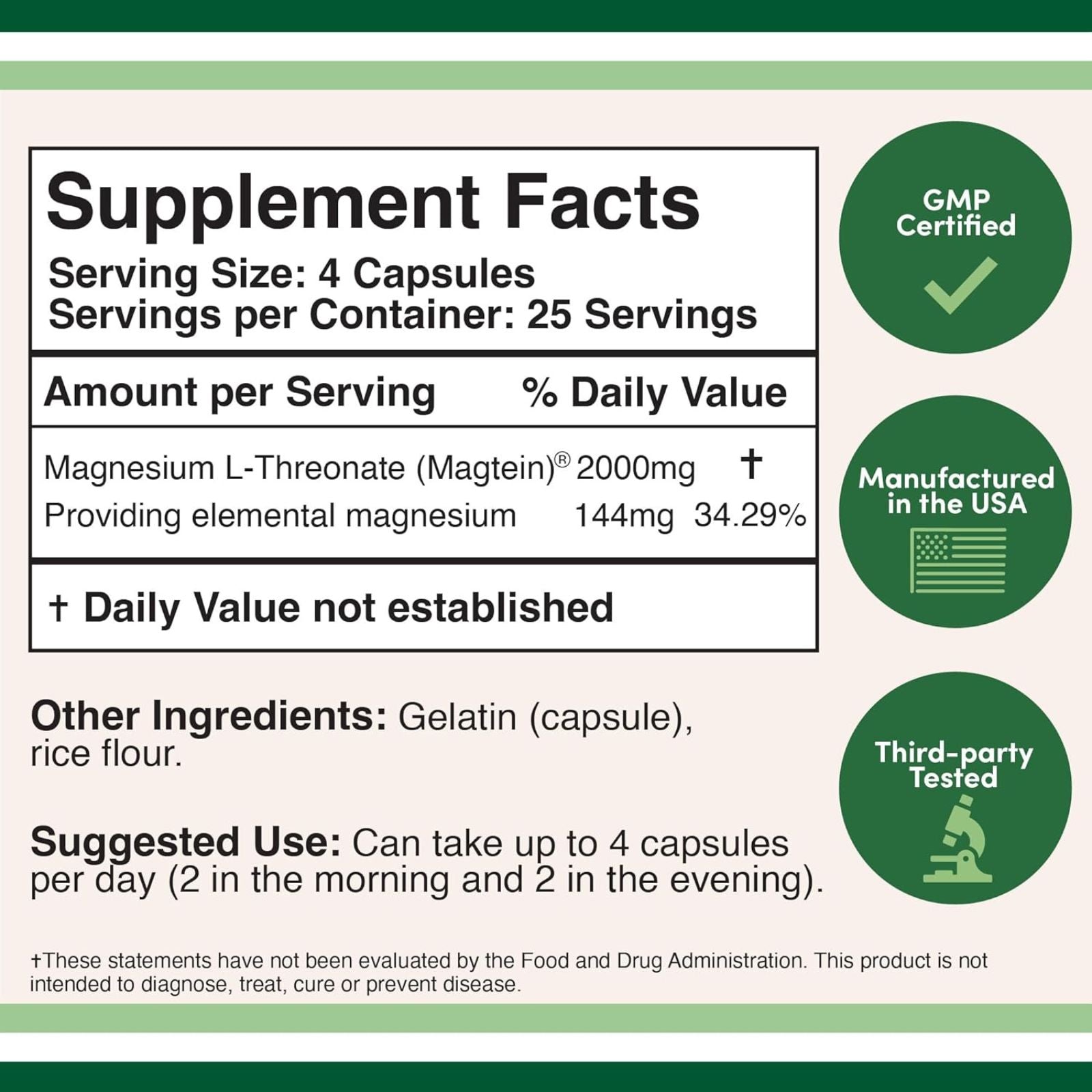 Magnesium L Threonate Magtein 2000mg 100 Capsules Bundle of 4