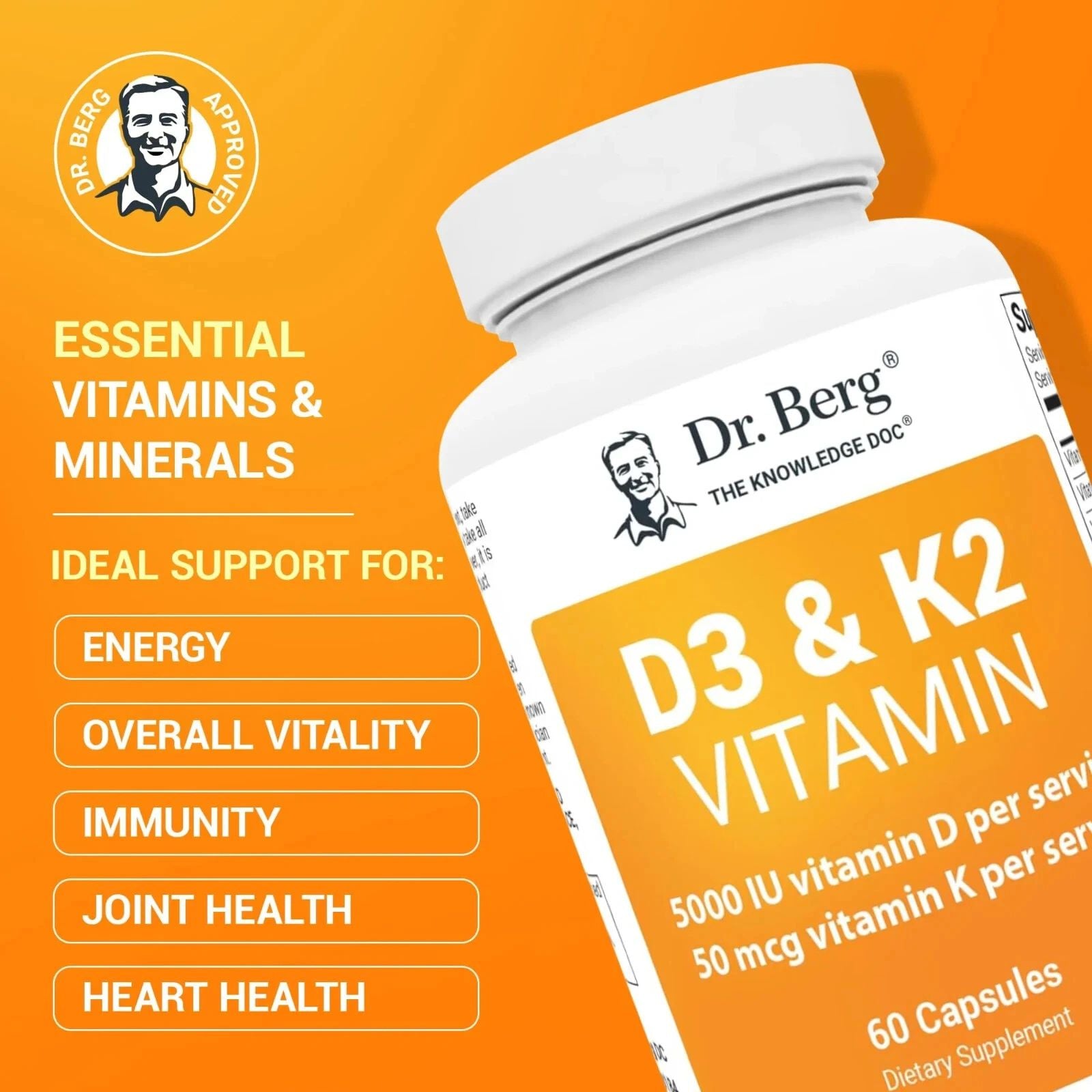 Dr. Berg D3 K2 Vitamin 5000 IU 60 Capsules Bundle of 4