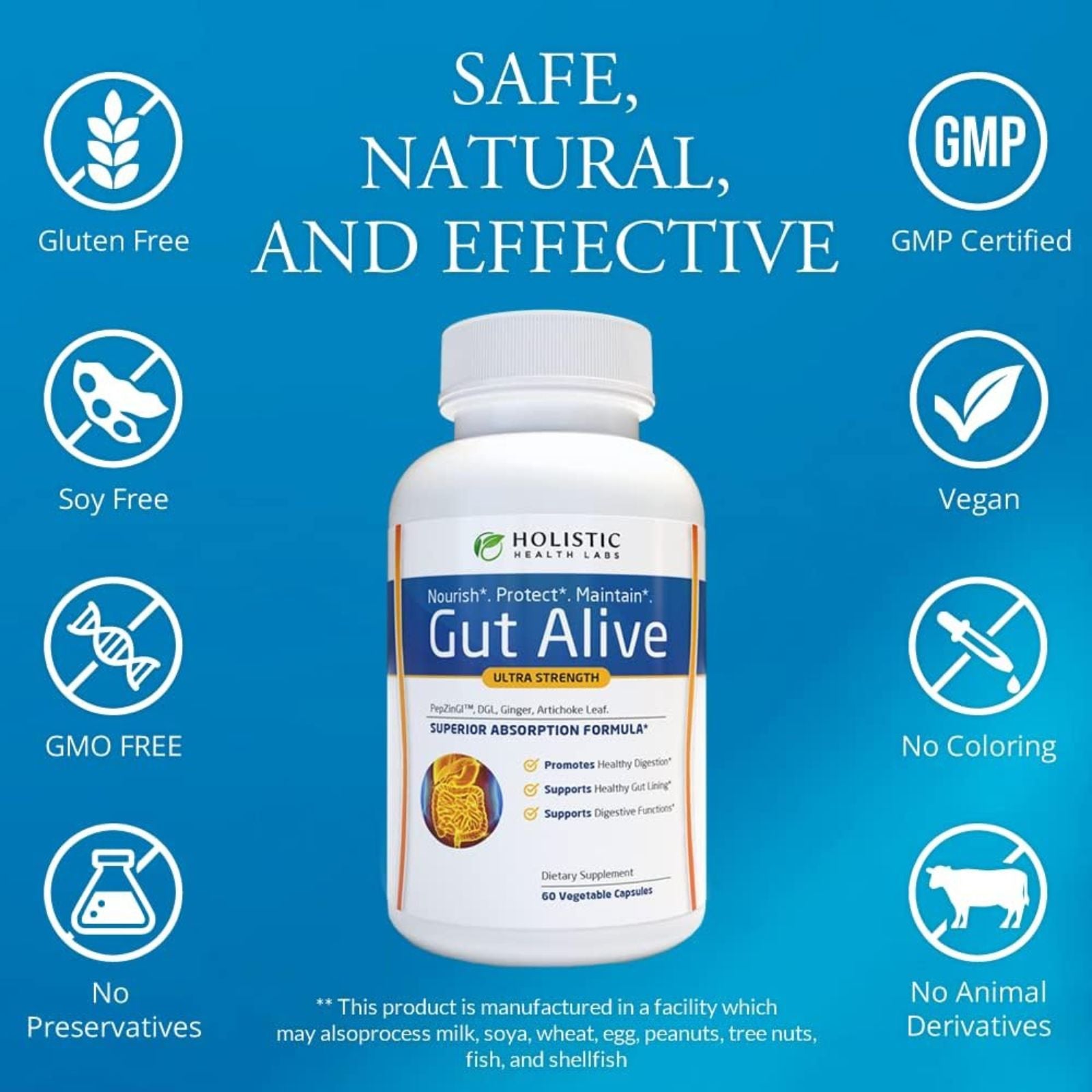 Gut Alive All Natural Digestive & Gut Health Support Supplement 60 Capsules Bundle of 4