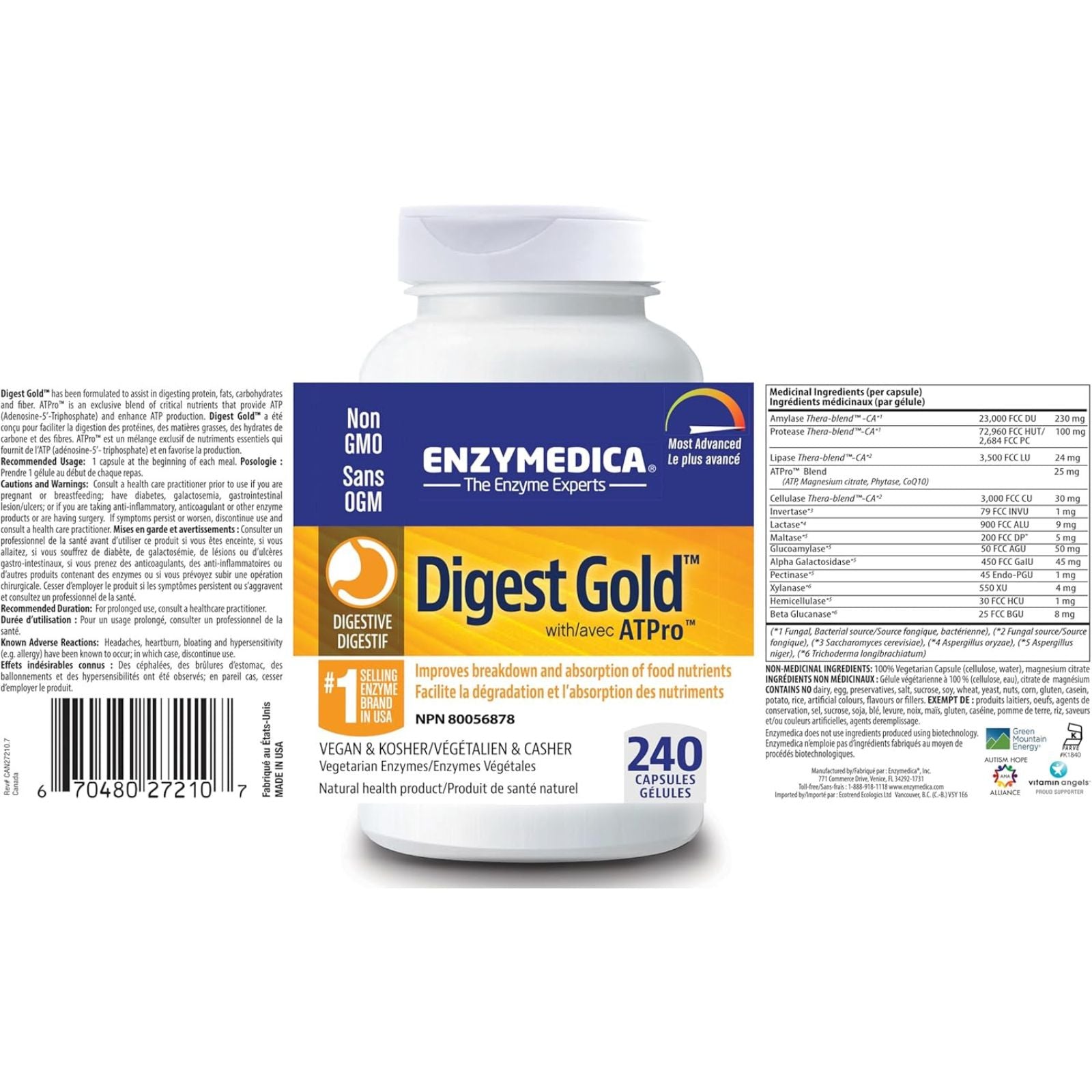 Enzymedica Digest Gold with ATPro Digestive Enzyme Blend 240 Vegan Capsules Bundle of 4