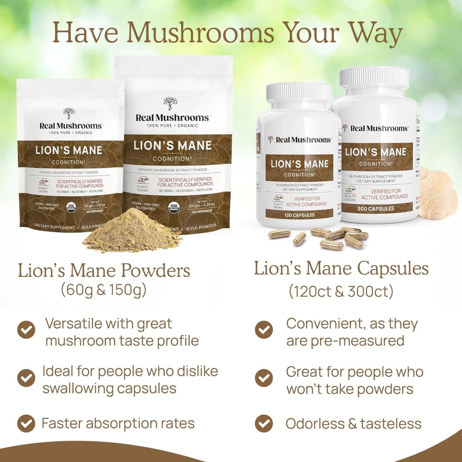 Real Mushrooms Lion’s Mane Mushroom Cognition Bundle of 4 – Organic Cognitive Focus & Memory Support Capsules – 120 Capsules Each