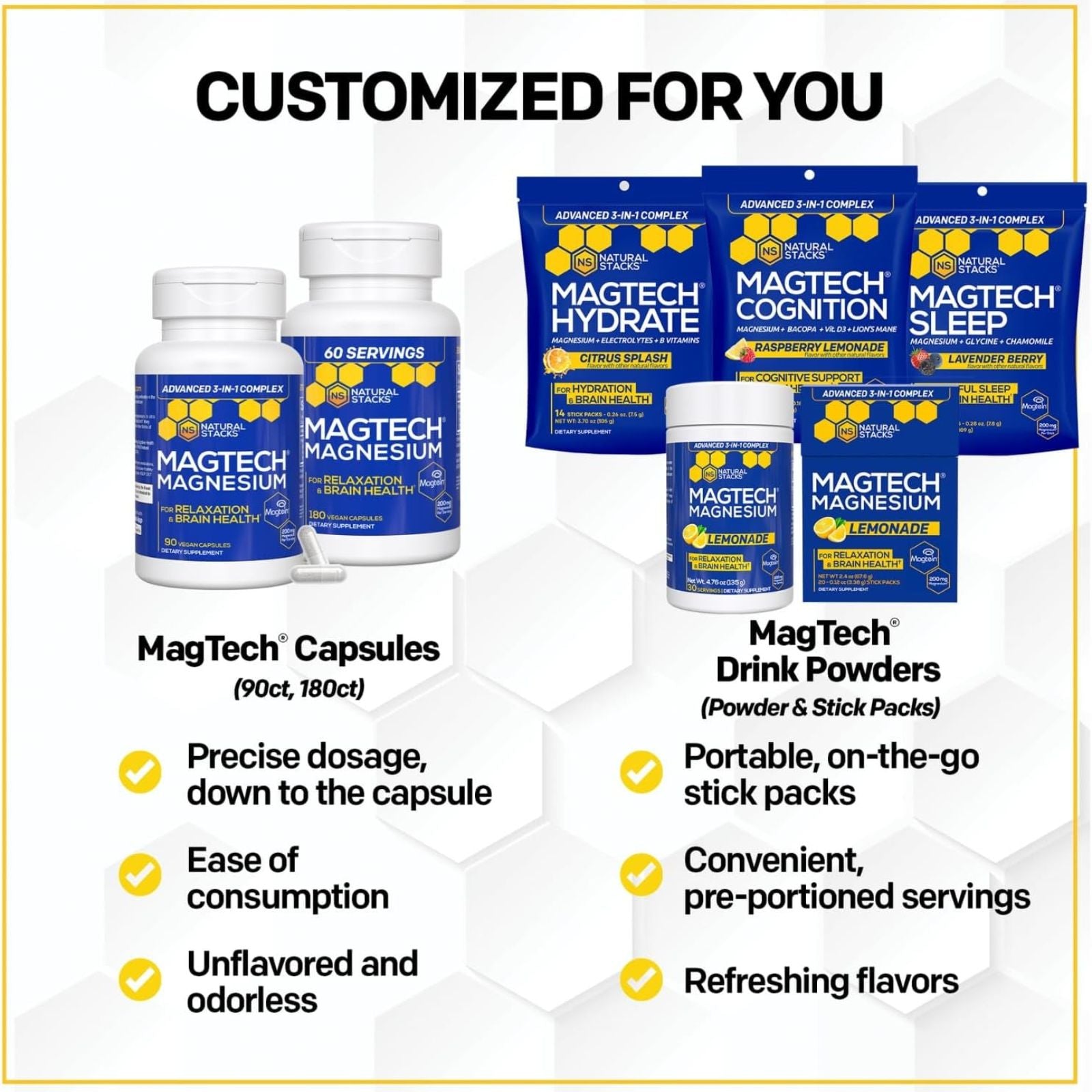 MagTech Magnesium Complex Magtein L-Threonate Glycinate Taurate 90 Capsules Bundle of 4