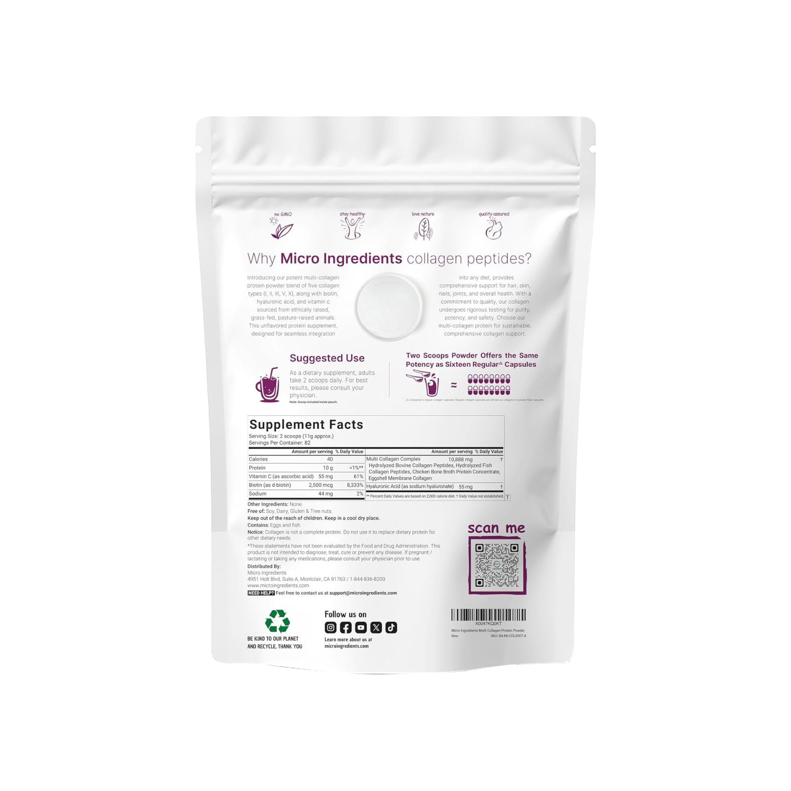 Micro Ingredients Multi Collagen Peptides Powder 32oz Bundle of 4