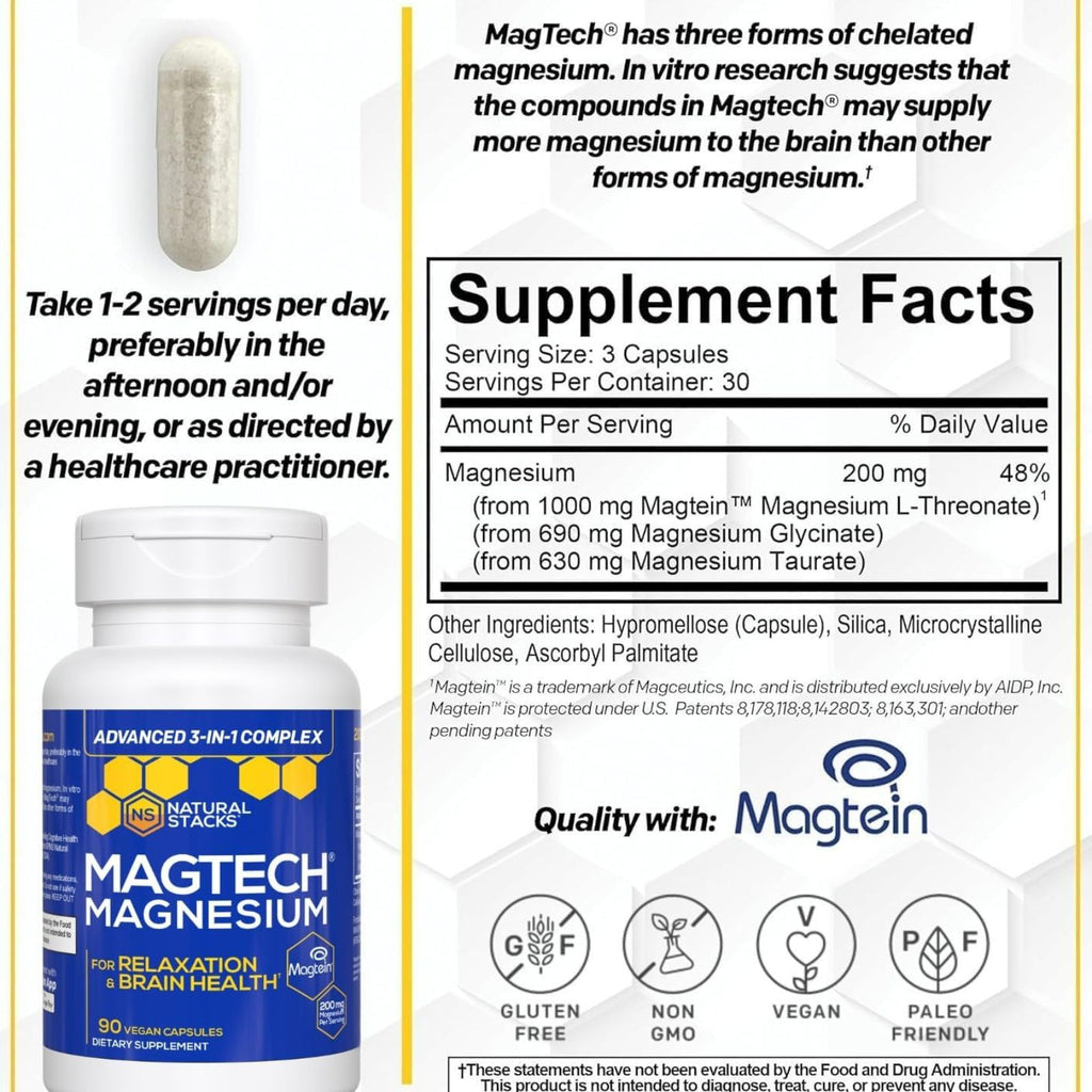 MagTech Magnesium Complex Magtein L-Threonate Glycinate Taurate 90 Capsules Bundle of 4