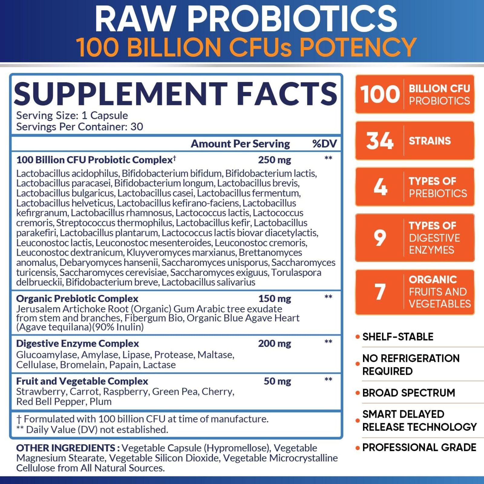 Organic Probiotics 100 Billion CFU with Prebiotics & Digestive Enzymes 30 Capsules Bundle of 4