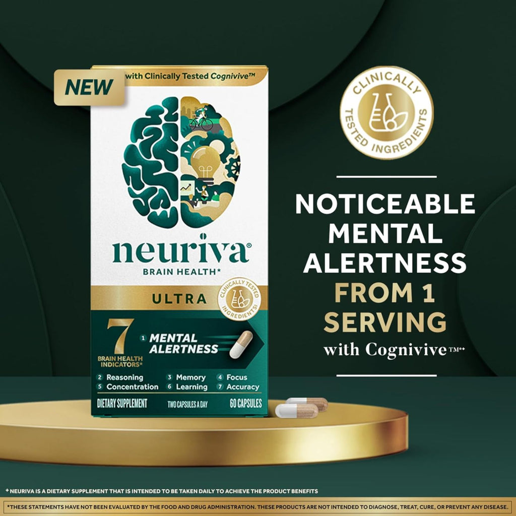 NEURIVA Ultra Decaffeinated Nootropic Brain Supplement for Mental Alertness, Memory & Focus 60 Capsules Bundle of 4