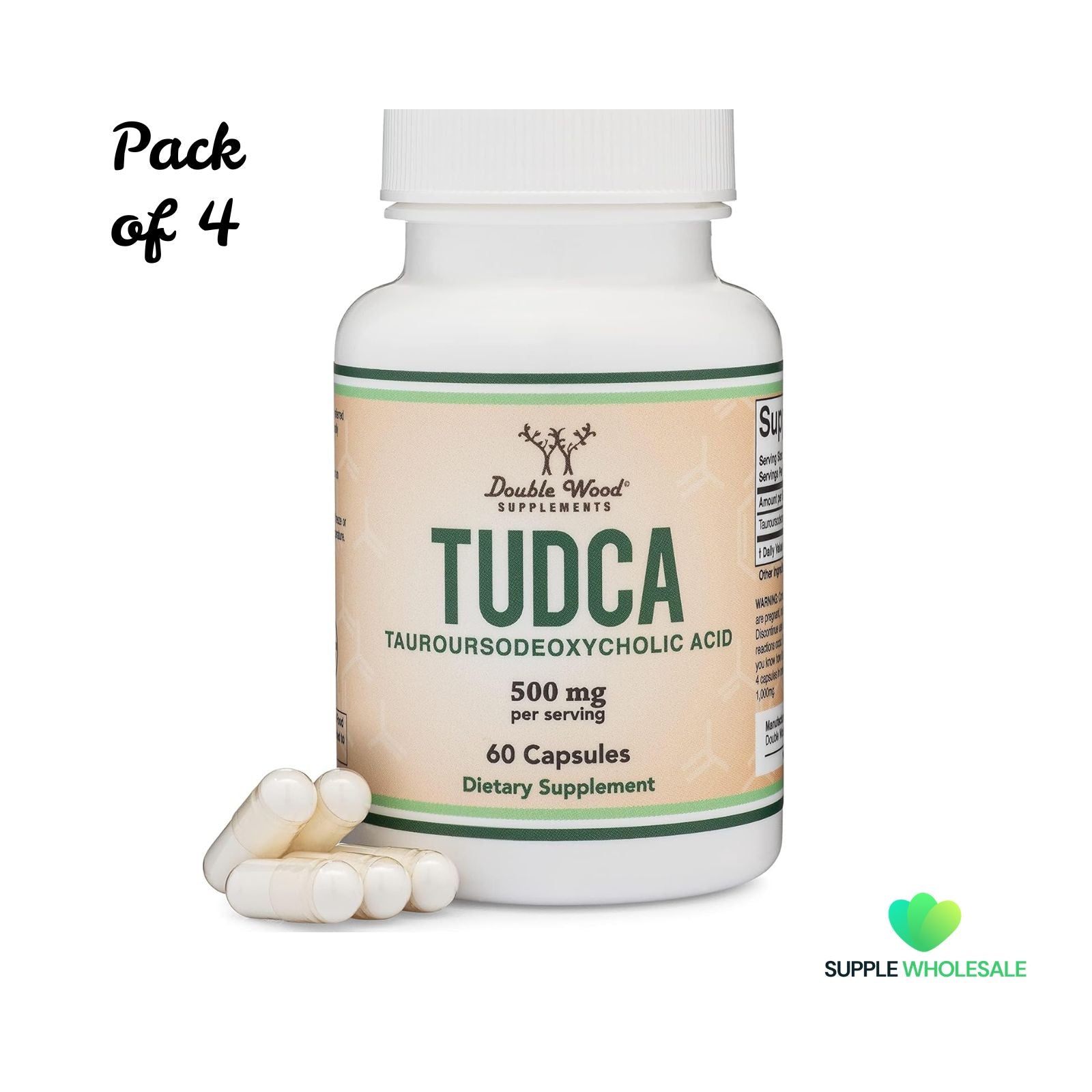 Double Wood TUDCA Bile Salts Liver Support Supplement 500mg 60 Capsules Bundle of 4